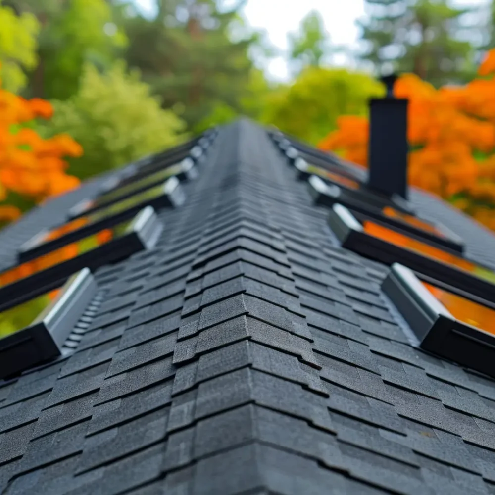 Black shingled roof with skylights surrounded by lush green and autumn foliage