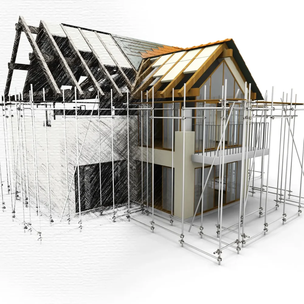 3D house with scaffolding with half in sketch phase