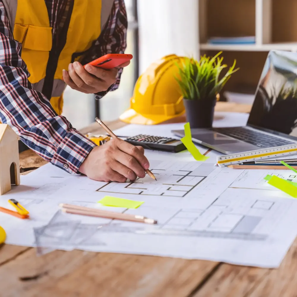Architects and engineer create architectural works from their blueprints construction models for use in real-world building construction.