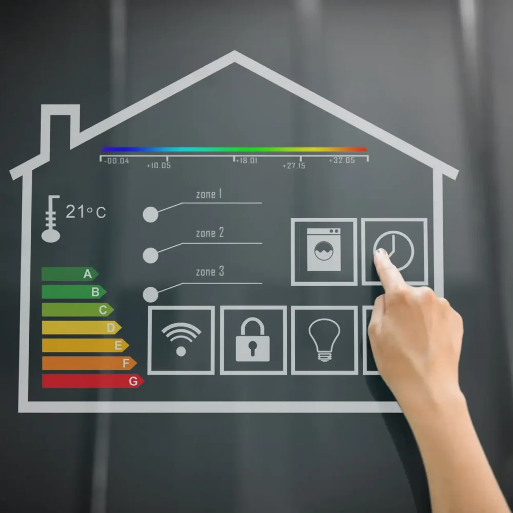 automation, internet of things and technology concept - hand using interactive panel with smart home virtual projection