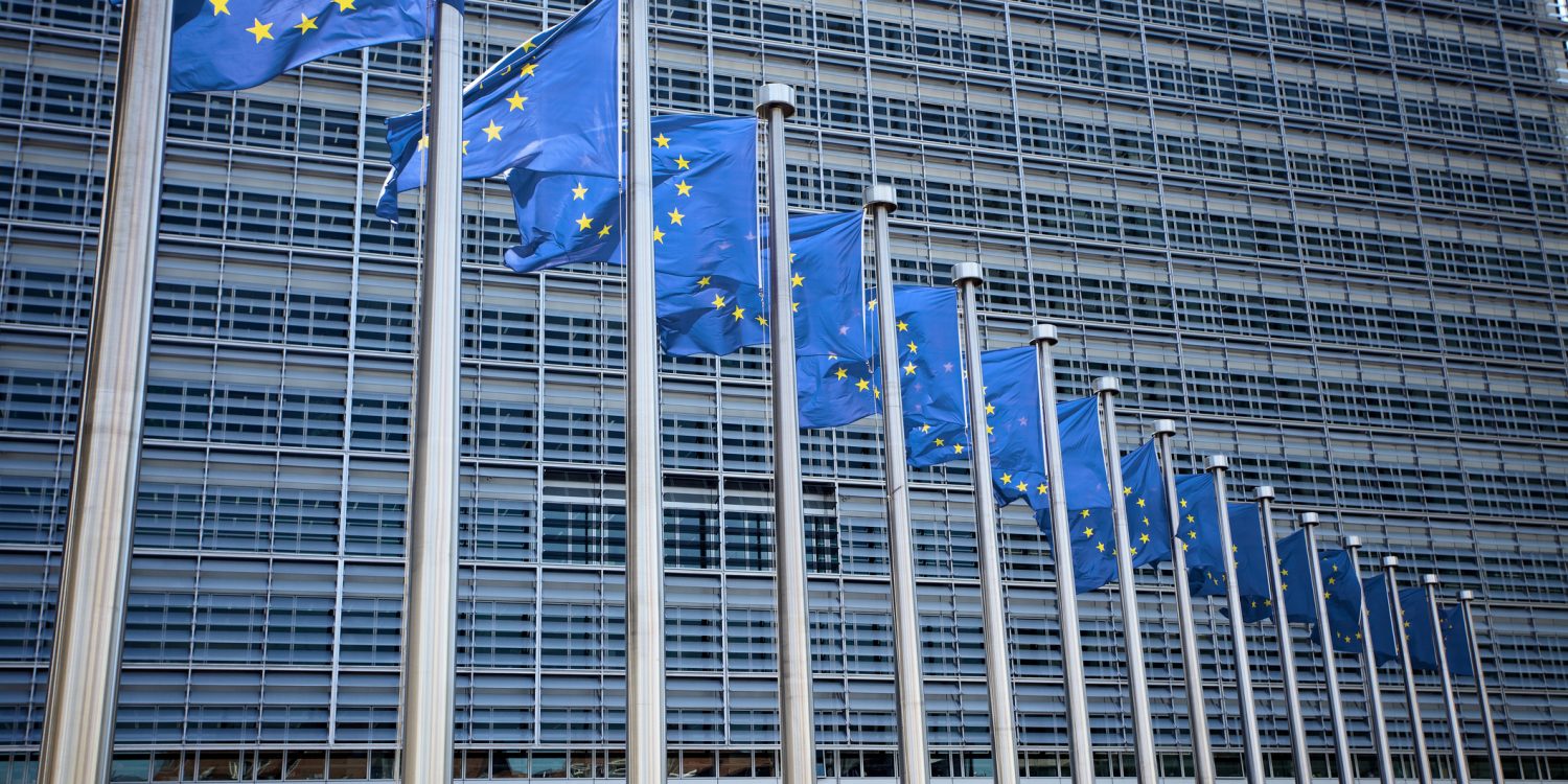 "European commission in Brussels, Belgium; EU flags in front of the buildingsee other similar images:"