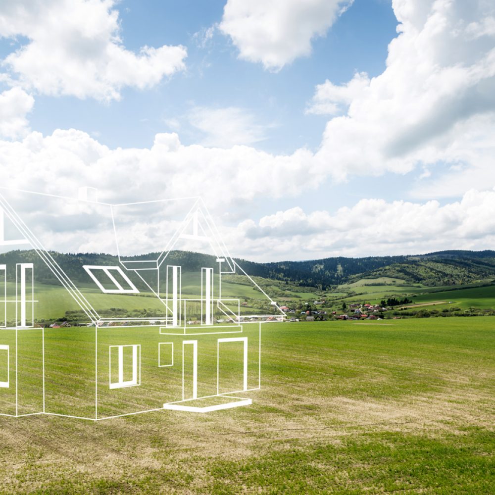 House project on the meadow. Concept of dreams about a new home. Contours of the house in 3d on a meadow.